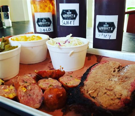 Wrights bbq. Wright learned the process after attending a sausage-making course at Texas A&M. Back in the pit area, Alex Glass and Zach Drake worked three Moberg smokers, made in Dripping Springs. The first ... 