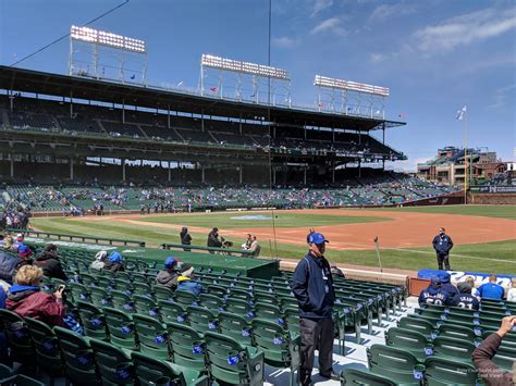 Wrigley field view from seat. Field Seats Photos. For this concert at Wrigley Field, the floor (or field) seats are reserved sections with folding chairs set up. Concession stands are located at various spots on the field during concerts at Wrigley Field. Looking down onto the field before a concert at Wrigley. Most floor/field sections have 20 seats per row. 
