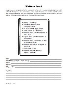 Write A Lead Worksheet For Journalism Class Learn To Write A News Article