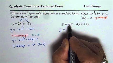 Write Factored to Standard Form of Quadratic Equation Find Y Intercept