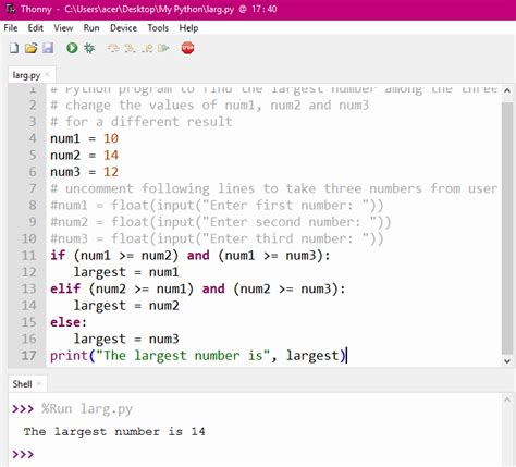 Write a program to find the largest of three numbers in python.  WRITE ...