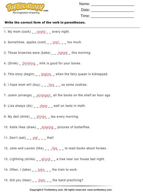 Write the Correct Form of the Verb in Parentheses Worksheet Turtle Diary