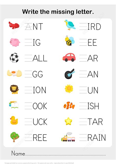 Write the Missing Letter in Words Worksheet Copy Free Printable