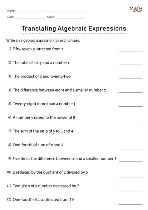 Writing Algebraic Expressions Worksheet