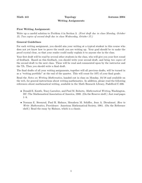 Writing Assignment Topology Autumn 2004 MATH 441 Docsity