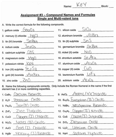 Writing Formulas Ionic Compounds Chem Worksheet 83 Answer Key