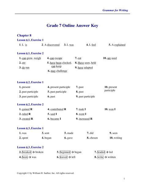 Writing Grammar Answer Workbook 7 Grade For Key