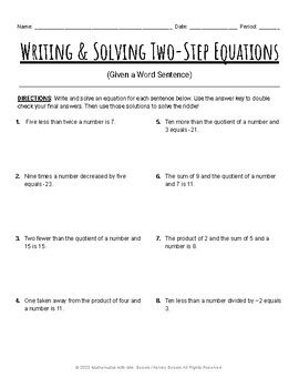 Writing Two Step Equations Worksheet