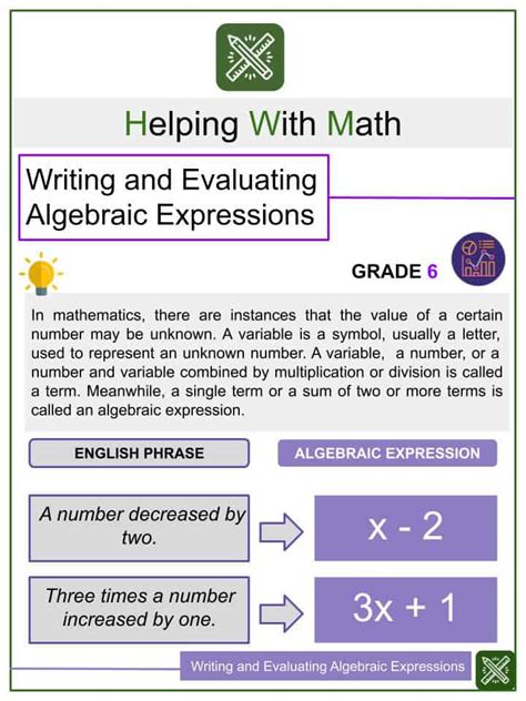 Writing and Evaluating Algebraic Expressions Worksheets Helping With Math