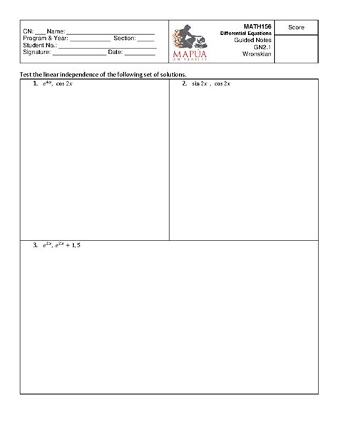 Wronskian Analysis Example Worksheet 5 Differential Equations CN
