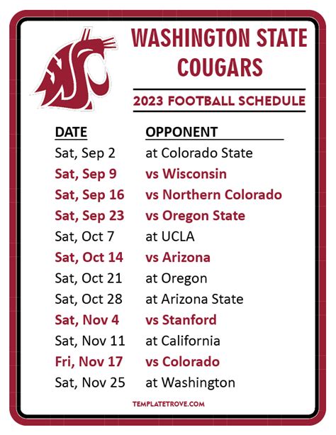 Wsu football schedule tickets. Several pivotal conference matchups take center stage during the Week 8 college football schedule. One of the headliners is No. 3 Ohio State hosting No. 7 Penn State in a Big Ten battle. The ... 