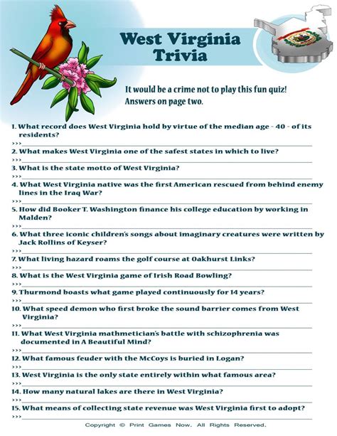 Wv trivia free answer. From Quiz "West Virginia--The Mountain State". Take our free West Virginia trivia quizzes in the geography category. Over 70 trivia questions to answer. Play our West Virginia … 