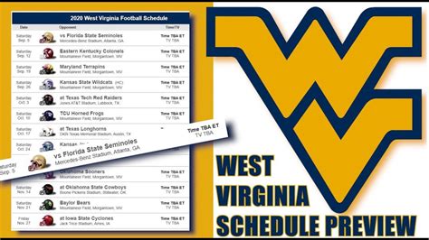 2013 West VirginiaFootball Schedule. 2013 West Virginia. Football Schedule. OVERALL 4-8. Big 12 2-7. STREAK L3. By purchasing tickets using the affiliate links below, you'll help support ...