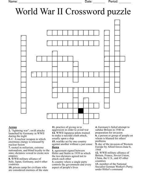 Wwii power crossword. WW2 social studies Crossword. History. An economic condition when money loses its value and prices rise. A leader who rules with total authority in a cruel or brutal manner. “National Socialist German Workers’ Party.”. A political philosophy in which total power is given to a dictator and individual freedoms are denied. 