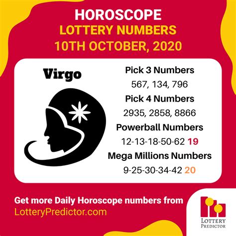 You can get horoscope numbers for other star signs here . Gemini Lucky Numbers. Friday, 1st March 2024. Pick 3 : 150, 376, 959. Pick 4 : 6449, 2617, 1768. Pick 5 : 39588, 74214, 25818. Powerball : 12-17-51-65-67 21. Mega Millions : 41-43-52-61-65 10. Get a full year of Lottery Horoscope Numbers in our Lottery …. 