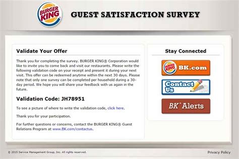 Take the Burger King customer satisfaction survey at https://www.mybkexperience.com/ and get a free Whopper or other rewards. You need a 16-digit survey code from your receipt to participate and redeem your coupon.. 