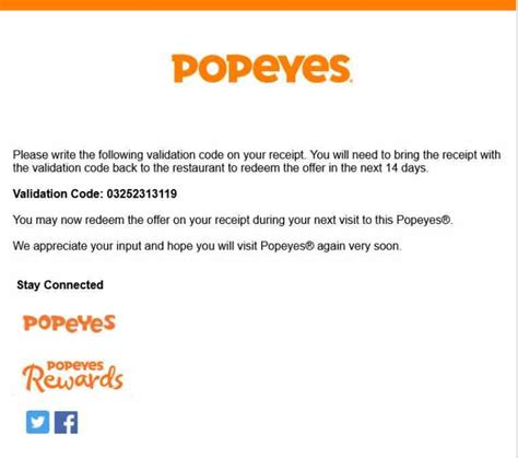 Www.tellpopeyes.com survey validation code free. The website allows customers to participate in a customer satisfaction survey called the Popeyes Guest Experience Survey. By completing the survey, customers can provide feedback on their dining experience and receive a validation code for a free menu item on their next visit. This feedback helps Popeyes improve its services and … 