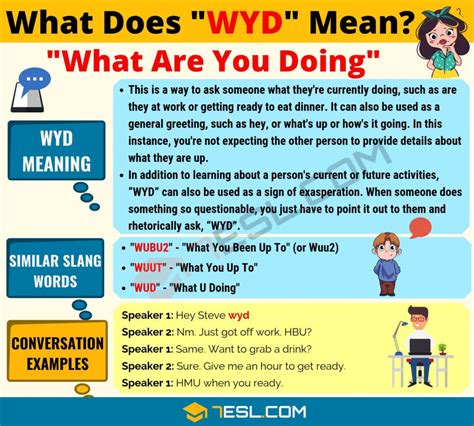 WYD Meaning. In simple words, WYD stands for ‘What you doing?’. It is an abbreviation mostly used in text messages, tweets, and memes. It came into its existence in 2010 when twitter users started using it to save character spaces. ‘WYD’ also sometimes refer to as ‘What are you doing’ or ‘What would you do’, depending on the .... 