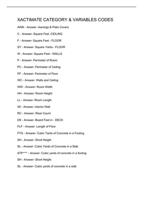 Xactimate variables list.  For example, W represents the square feet of w...