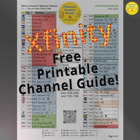 Printable Xfinity Channel Lineup 2021 | Comcast Channel Guide PDF | TV CHANNEL GUIDES — This PDF channel lineup shows all 326 nationwide Xfinity TV stations between channels 1100-3490. This is a .... 