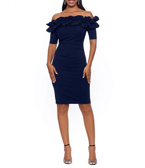 Look irresistibly charming wearing the XSCAPE™ Off-the-Shoulder Long Glitter Dress. SKU: # 9726221; Off-the-shoulder sweetheart neckline. Fitted bodice with yoke waist. Soft pleats on the skirt. Fit-and-flare silhouette. Allover sparkling touch. Zippered closure on the back. 88% polyester, 12% metallic fiber. Spot clean. Imported. . Xscape off the shoulder dress