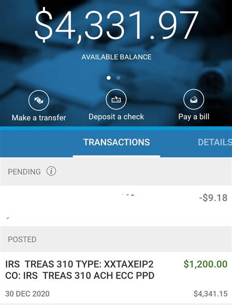 Xxtaxeip2. The payment will be listed as "IRS TREAS 310 XXTAXEIP2". You can monitor your account and watch for your payment through the Online Banking or Mobile Banking app. US News 