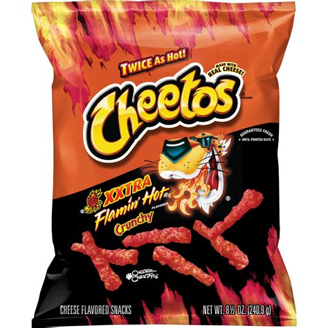 Xxtra hot cheetos. Cheetos XXTRA Flamin' Hot Flavored Crunchy Cheese Flavored Snacks 17 3/8oz 492.5g (4.5) 4.5 stars out of 50 reviews 50 reviews. USD $19.99. You save. $0.00. 