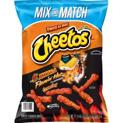 Product Details. CHEETOS snacks are the much-loved cheesy treats that are fun for everyone! You just can’t eat a CHEETOS snacks without licking the “cheetle” off your fingertips. And wherever the CHEETOS brand and CHESTER CHEETAH go, cheesy smiles are sure to follow. 8.5oz bag of CHEETOS Crunchy Xtra Hot Flamin' Cheese Flavored Snack.