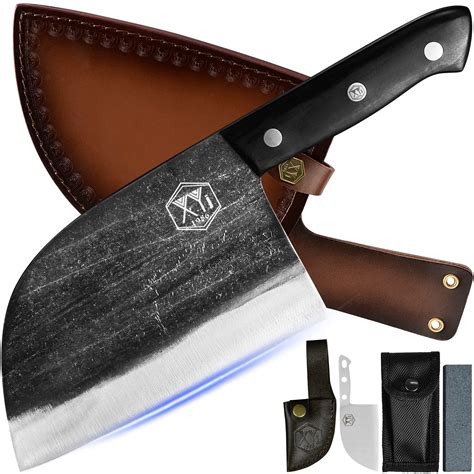 Xyj knives. XYJ Authentic Since 1986,Outstanding Ancient Forging,6.7 Inch Full Tang,Serbian Chefs knife,Chef Meat Cleaver,Kitchen Knives,Set with Leather Sheath,Take Carrying,Butcher,for Camping or Outdoor KitchenAid Gourmet Forged Triple Rivet Santoku Knife Set with Custom-Fit Blade Covers, 7-inch Santoku Knife, 5-inch Santoku Knife, 2 … 