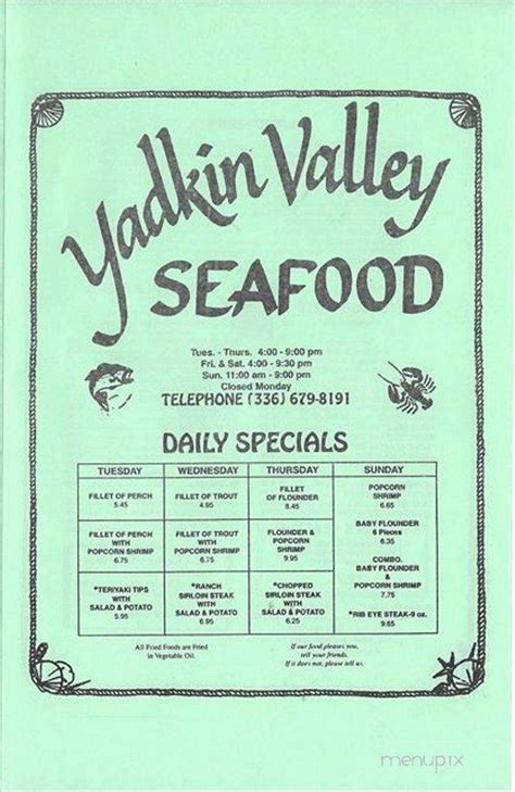 Yadkin valley seafood restaurant menu. Get food delivery from Yadkin Valley Seafood in ... Latest reviews, menu and ratings for Yadkin Valley Seafood in - ⏰ hours, ☎️ phone number, 📍 address and map. en; Home/ Yadkin Valley Seafood; Yadkin Valley Seafood $$ - $$$ American Seafood - View Restaurant Hours. Restaurant Hours. Monday. 4:00 - 21:00. Tuesday. 4:00 - 21:00 ... 