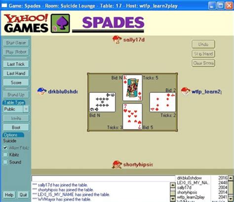 Yahoo spades games. Spades (World Gaming Center) This ladder is for World Gaming Center users. Spades (WorldPlay) This ladder is for WorldPlay users. Spades (Yahoo) This ladder is for Yahoo! Games. Spades (iWin) This ladder is for iWin users. Spades Cutthroat (LIvVE) This ladder is for users of LIvVE. Team Spades (GameDesire) This ladder is for users of GameDesire. 