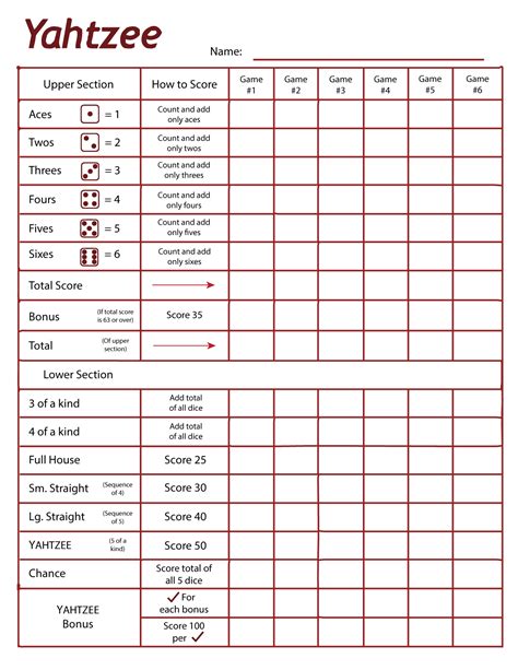 The popular dice game of Yahtzee is the subject of this score card, which fits two on each sheet. Write in the player's name and record dice thrown (including totals and bonus) for six games. Download For Free (PDF format) Download Editable Version for …. 