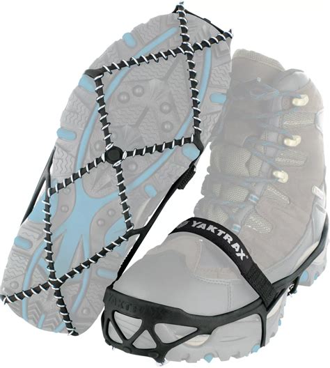 Yak trak. Yaktrax Walkers offer 10 times the gripping points as any spike-based traction device. Lightweight, textured polyelastomer stretches to accommodate nearly any type of footwear, from running shoes to winter boots. Updated heel tabs and strands, outer bands and toe bridges work to provide a comfortable, secure fit; impact nubs improve durability ... 