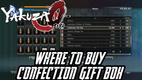 Yakuza 0 confection box. First, head to the M Store near the Batting Center and buy a Confection Gift Box, then head to the Sugita Building on Tenkaichi (the marked spot). After some tense negotiating, you'll end up in... 