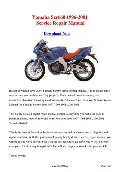 Yamaha szr660 szr 660 1996 2001 manuale di servizio di riparazione. - Clark c15 33 35 d l g c15 32c l g forklift service repair manual download.