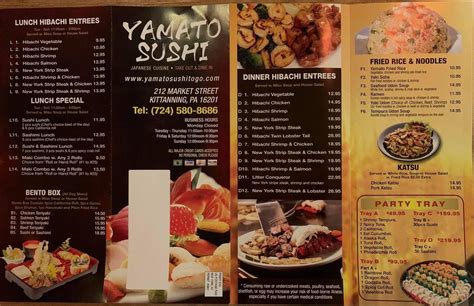 Yamato menu kittanning pa. View the online menu of A Mano Eatery and other restaurants in Kittanning, Pennsylvania. Today is a holiday! Business open hours and service may differ. A Mano Eatery « Back To Kittanning, PA. 0.38 mi. Italian $$ 724-793-7318. 250 S … 