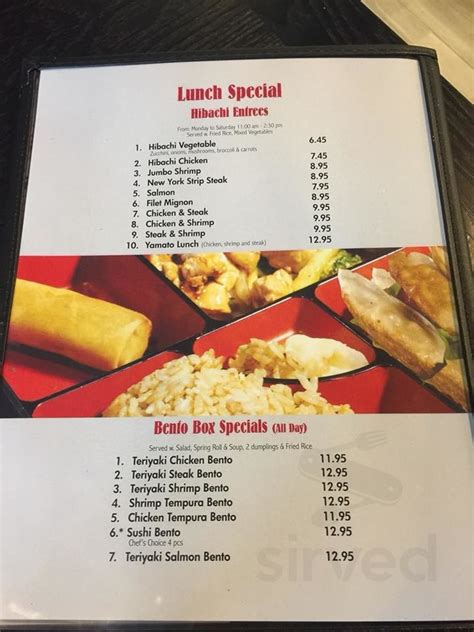 View the Menu of Yamato sushi steak house of Corinth in 602 S Cass St, Corinth, MS. Share it with friends or find your next meal. Sushi Restaurant. 