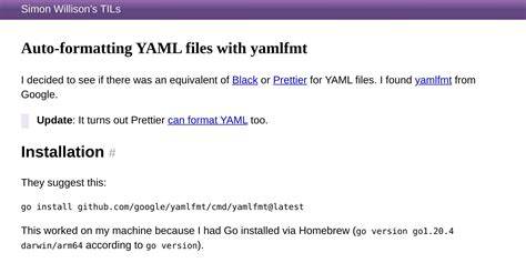 Yamlfmt install.  YAML Formatting with yamlfmt ¶ Introduction ¶ Our project uses ...