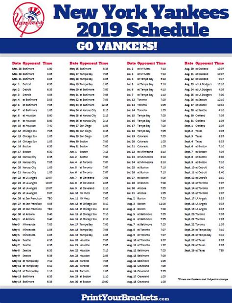 Yankees Printable Schedule