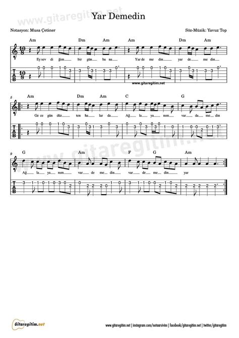 Yar Demedin Gitar Nota Tab.