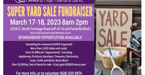 Find all the garage sales, yard sales, and estate sales on a map! Or place a free ad for your upcoming sale on yardsalesearch.com ... garage sales found around Yuma, Arizona. ... , AZ, 85390. When: Thursday, May 9, 2024 - Saturday, May 11, 2024 . Details: MORE PHOTOS & DETAILS TO COME ...
