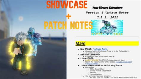 Yba patch notes. The below patch notes were released via this Google Document, and have been slightly reformatted.YBA Update 1.0 LogNew STAND: Stone FreeObtained with a Mysterious Arrow or in the Robux Store!10 abilities in total!New Main Game MAPComes with new "Fast Travel" NPC's!15 New STAND SKINS for the following Stands:Stone FreeMCU Spider-ManComic ... 
