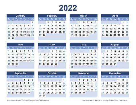 Yearly Calendar Template 2022