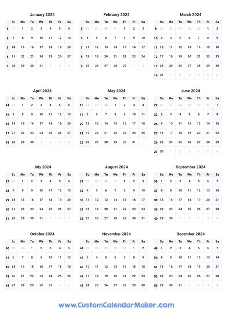 Yearly Calendar With Week Numbers Customize and Print