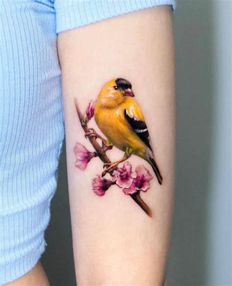 Yellow bird tattoo. A yellow finch tattoo is an excellent way to show admiration for this fascinating bird. Get it done on your wrist or forearm. For added visual impact, add colors to make it even more eye-catching. Sparrows and swallows. The Goldfinch Tattoo design is a beloved bird tattoo design. Joy, grace, beauty, love, enthusiasm, journey harmony, meekness ... 