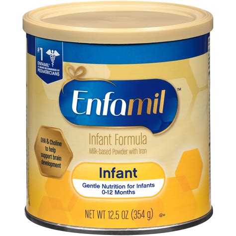 Infant Formula, Milk-Based Powder with Iron, 0-12 Months. 0-12 months. Halal. No. 1 Recommended brand by Pediatricians. Immune support. Brain building expert-recommended DHA. Let's fuel the wonder. Enfamil Infant is gentle nutrition tailored for infants 0-12 months. Enfamil Infant offers complete nutrition, making this a trusted choice for moms ...