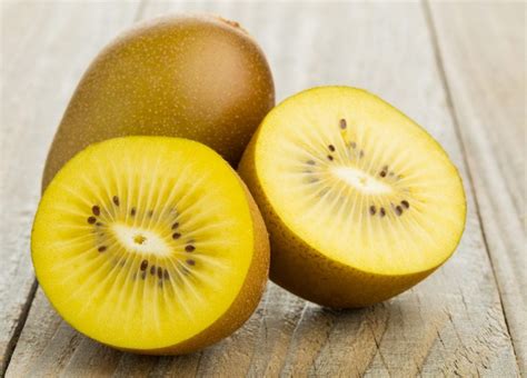Yellow kiwi fruit. But apart from helping you stay strong, yellow kiwifruit also has another important health benefit: it can help satisfy your sweet tooth. With only 54 kcal per 100g, it’s the healthy choice for smart snackers! * Zespri™ SunGold™ contains 152mg of vitamin C per 100g. ** One piece over 53g provides 100% of the recommended vitamin C daily ... 