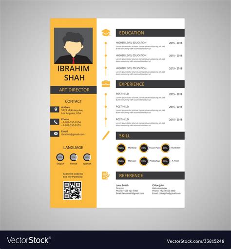 Yellow modern resume with qr code Royalty Free Vector Image