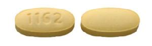 Yellow pill 1162. Enter the imprint code that appears on the pill. Example: L484 Select the the pill color (optional). Select the shape (optional). Alternatively, search by drug name or NDC code using the fields above.; Tip: Search for the imprint first, then refine by color and/or shape if you have too many results. 