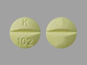 Yellow pill k 102. Enter the imprint code that appears on the pill. Example: L484; Select the the pill color (optional). Select the shape (optional). Alternatively, search by drug name or NDC code using the fields above. Tip: Search for the imprint first, then refine by color and/or shape if you have too many results. 